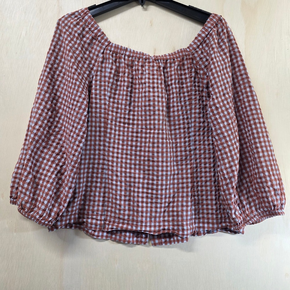 Madewell Gingham Button Front Puff Sleeve Top Terracotta Brown White Size 4 - Picture 3 of 10